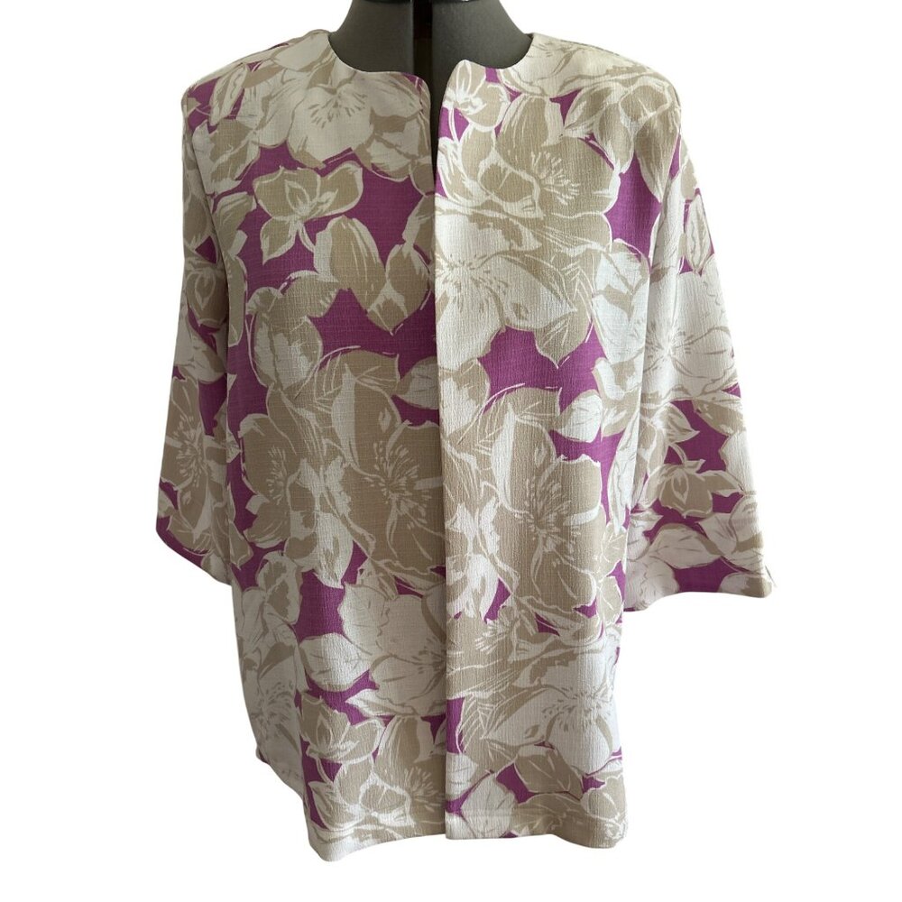 BonWorth Womens Floral Lightweight Open Front Jacket M Polyester Purple & Beige